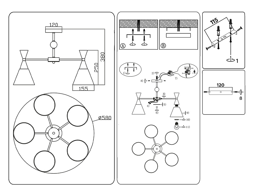 TR3171/5 BK/GD черный/золото E27/5 max 60W D580*380